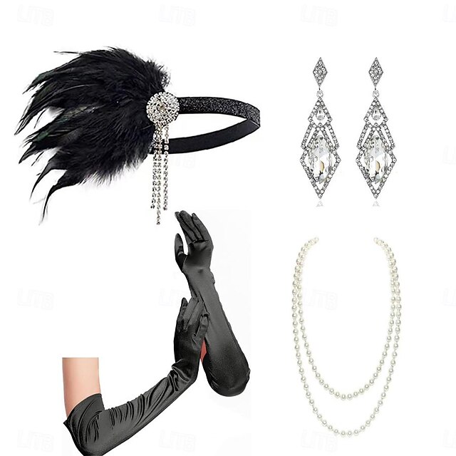  1920-talet Den store Gatsby Kläder Flapperpannband i tjugotalsstil Den store Gatsby Bröllopsgäst Kraglös Dam Halloween Karnival Maskerad Fest Maskerad Bröllopsfest Vuxna Handskar Dekorativa Halsband