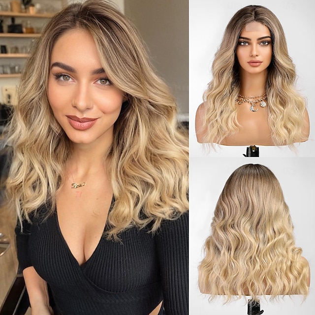  Perruques blondes sales pour femmes, perruque bouclée longueur épaule avec reflets blonds, perruque synthétique avec partie centrale pour usage quotidien, fête 20 pouces
