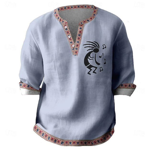 Men's Kokopelli Shirt Button Up Shirt Henley Shirt Long Sleeve Vintage Casual Tribal Vacation Daily Beach Summer Spring Fall V Neck 3D Print Black Blue Khaki 6