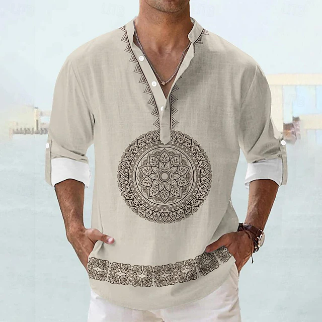 Men's Shirt Linen Shirt Button Up Shirt Long Sleeve Tribal Fashion Casual Vacation Causal Casual Summer Spring & Fall Stand Collar Buttons Print Black Khaki Beige 6