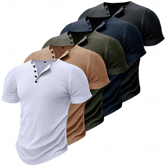 Men's Henley Shirt Muscle Shirt Ribbed Knit tee Tee Top Short Sleeves Plain Fashion Designer Basic Henley Vacation Street Going out Summer Army Green Black White Henley T-Shirt 9