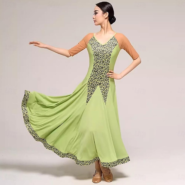  Ballroom-dans Kjole Leopard mønster Tvinning Dame Ytelse Fest Kortermet Krystall Bomull
