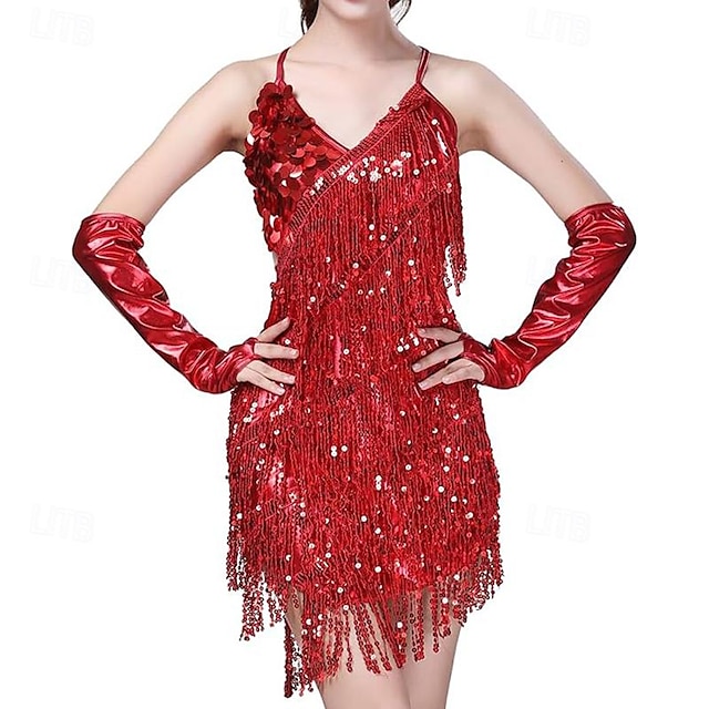  flitteres bojtos latin táncruha női 1920-as évek flapper koktélparti ruhák rumba báltermi jelmezek kesztyűvel