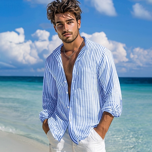 Voor heren Overhemd Zomer overhemd Strand Kleding Overhemd met knopen Normaal shirt Gestreept shirt Blozend Roze Groen Donkergrijs Licht Blauw Lange mouw Effen Band Kraag Dagelijks Vakantie Splits