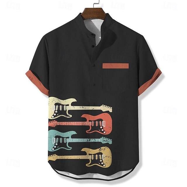Men's Boardmasters Music Guitar Shirt Button Up Shirt Short Sleeve Casual Daily Summer Spring Grandad Collar Band Collar Button Up Pocket 3D Print Black Green 5