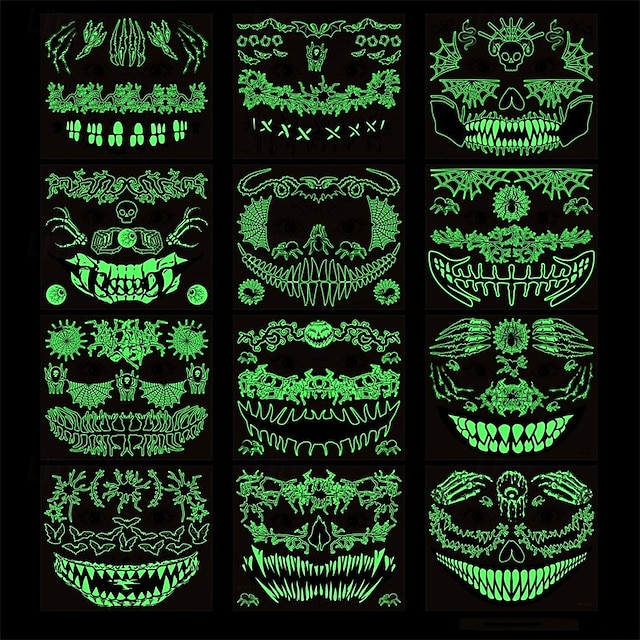  12 bucăți autocolant de tatuaj amuzant de groază de Halloween, care strălucește în întuneric, autocolant pentru față, autocolant rezistent la apă pentru cicatrice de păianjen 3d