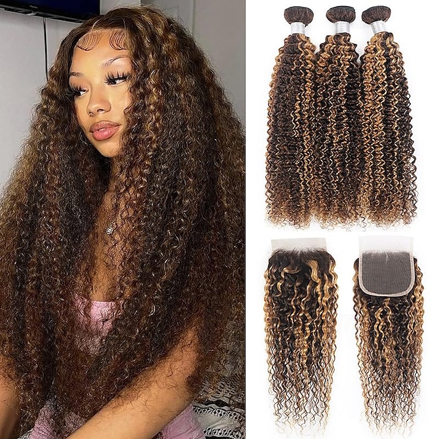  p4/27 evidenziano capelli umani ricci ondulati 3 pacchi con chiusura in pizzo 4x4 capelli umani remy