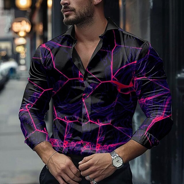 Men's Geometric Pattern Shirt Dress Shirt Button Up Shirt Long Sleeve Casual Daily Fall Winter Spring & Summer Turndown Shirt Collar Button Up 3D Print Fuchsia4