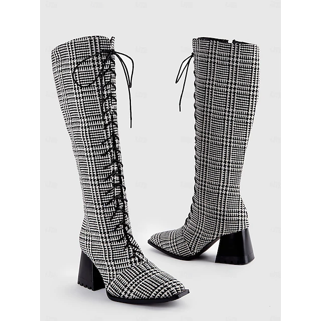 Women's Vintage Black and White Plaid Lace-Up Knee-High Boots with Block Heel for Casual Fall and Winter Fashion 10