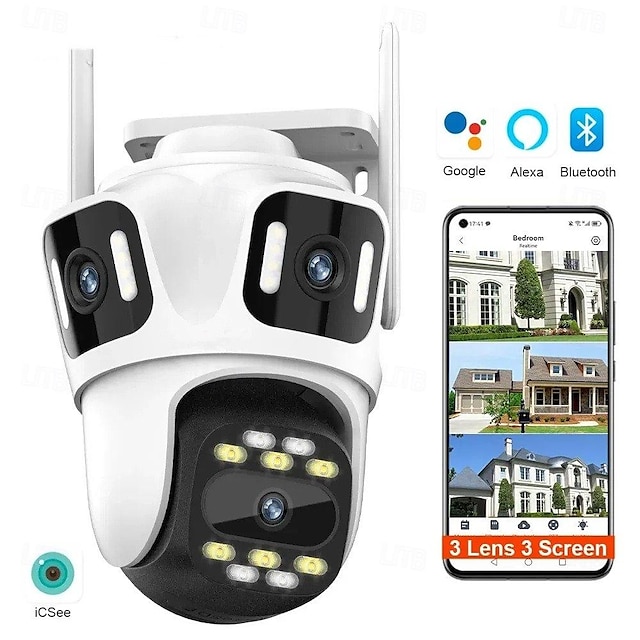  6k שלושה מסכים מצלמת הצמדה wifi חיצונית שלוש עדשות ptz אוטומטי מעקב מצלמות אבטחה