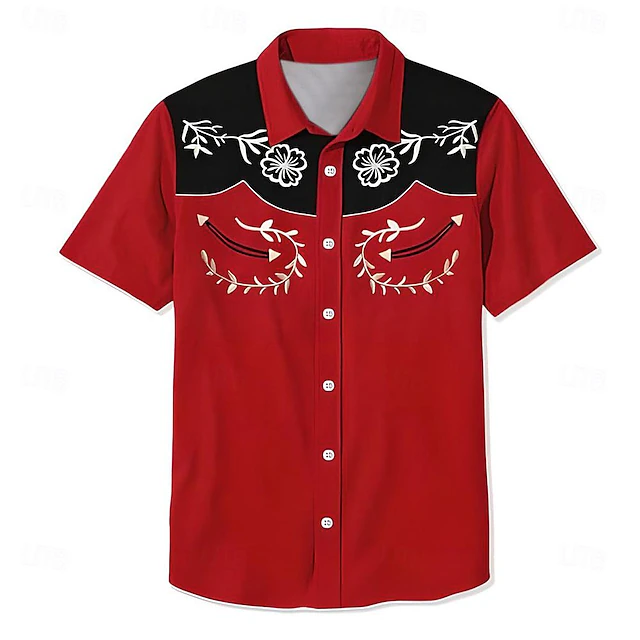 Men's Floral Shirt Western Shirt Button Up Shirt Short Sleeve Western Style Vacation Holiday Daily Wear Summer Turndown Red4
