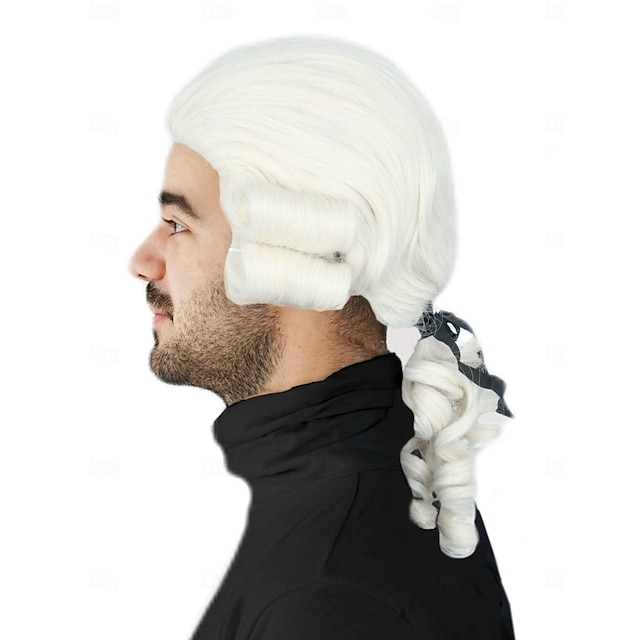  Perruque de juge colonial pour hommes Perruque poudrée longue ondulée Wig costume Washington Perruque drôle Carnaval Cosplay Perruques d'Halloween