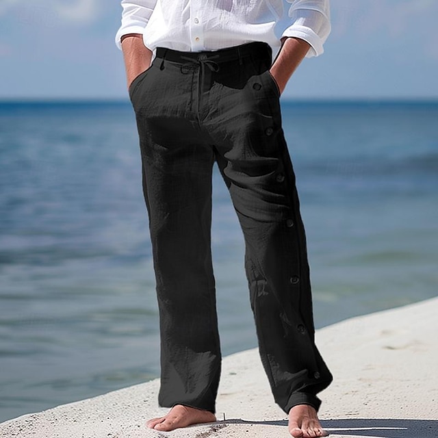 Herre Linbukser Bukser Sommerbukser Strandbukser Snorer Sideknapp Rett ben عادي Komfort Pustende Full lengde Avslappet Daglig Ferie Mote Klassisk Stil Svart Hvit