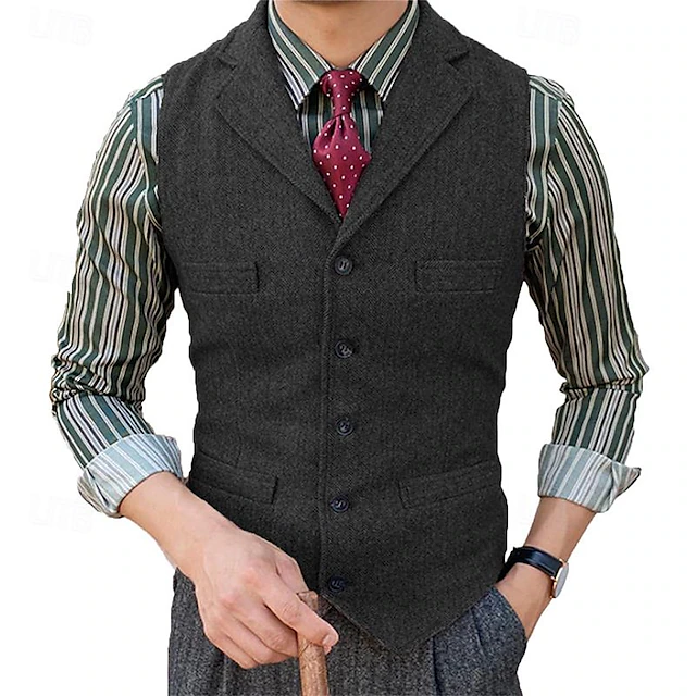 Men's Vest Gilet Wedding Event / Party Daily Fashion Business Spring & Fall Button Pocket Polyester Comfortable Plain Single Breasted One-button Lapel Regular Fit Black Dark Gray Vest3