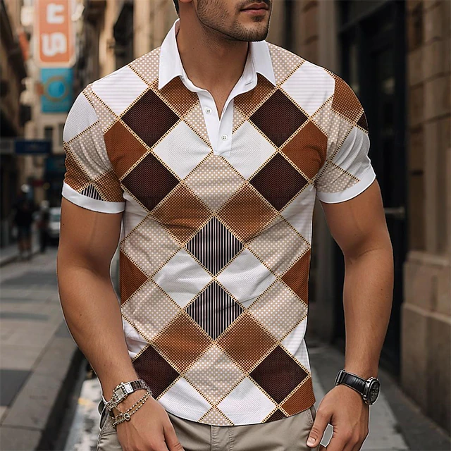 Men's Plaid Polo Shirts Golf Shirt Short Sleeve Polo Shirts Collared Shirts Vintage Casual Vacation Wear Formal Wear Festival Wear Buttons 3D Print Spring & Summer Blue Green Khaki 7