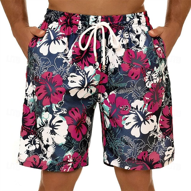  Men's Graphic Flower / Floral Swimming Trunks Board Shorts Swim Shorts Mid Waist Streetwear Hawaiian Boho Casual Daily Holiday Drawstring with Mesh lining Elastic Waist Designer Clothing Apparel