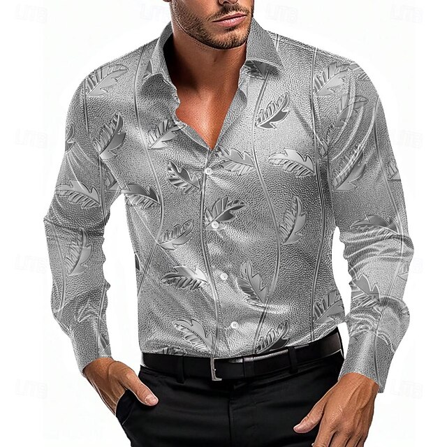  Herren Hemd Satinhemd Oberhemd Knopfhemd Blumen Party-Abendgarderobe Hellblau Gelb Grau Langarm Umlegekragen Sommer Frühling Bekleidung Knopf hoch