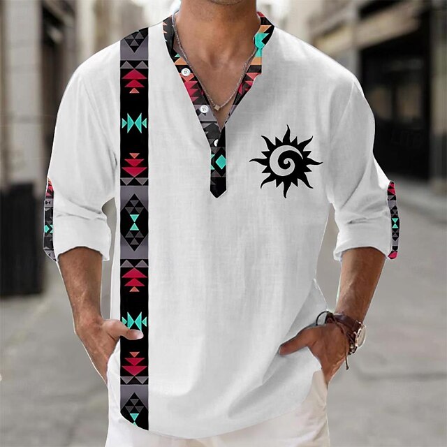  Men's Shirt Button Up Shirt Long Sleeve Tribal Fashion Casual Vacation Causal Casual Summer Spring &  Fall Stand Collar Buttons Print White Yellow Blue Gray