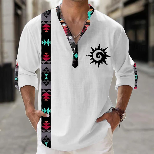 Men's Shirt Button Up Shirt Long Sleeve Tribal Fashion Casual Vacation Causal Casual Summer Spring & Fall Stand Collar Buttons Print White Yellow Blue Gray 7