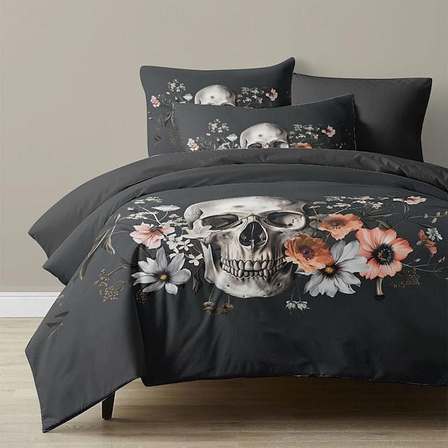  Halloween Floral Skull Duvet Cover Set - Includes Duvet Cover and Pillowcases - Spooky and Festive Design - Soft and Comfortable Fabric - Perfect for Halloween Home Decor