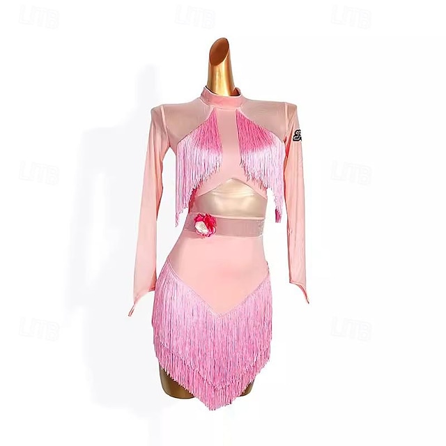Latin Dance High Elastane  Tassel Pure Color Splicing Women's Performance Training Dance Skirts