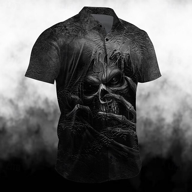Men's Skull Halloween Costumes Shirt Button Up Shirt Short Sleeve Casual Dark Party Daily Holiday Summer Turndown Buttons Print Black4