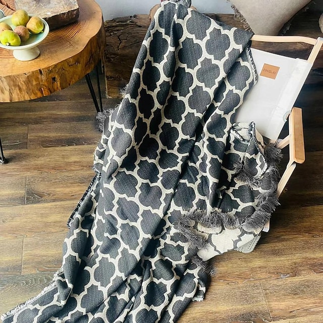  coperta in lino stile strisce con frange per divano/letto/divano/regalo, lino lavato naturale tinta unita morbido traspirante accogliente arredamento per la casa boho della fattoria