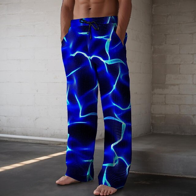 Men's Graphic Casual Pants Mid Waist Hawaiian Holiday Straight Leg Summer Spring 3D Print Blue4