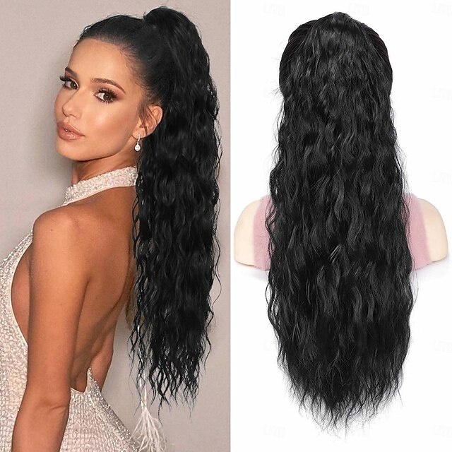  Extension de queue de cheval bouclée ondulée pour femmes noires cordon de serrage queue de cheval queues de cheval extensions de cheveux queue de cheval 26 pouces de long cheveux noirs naturels