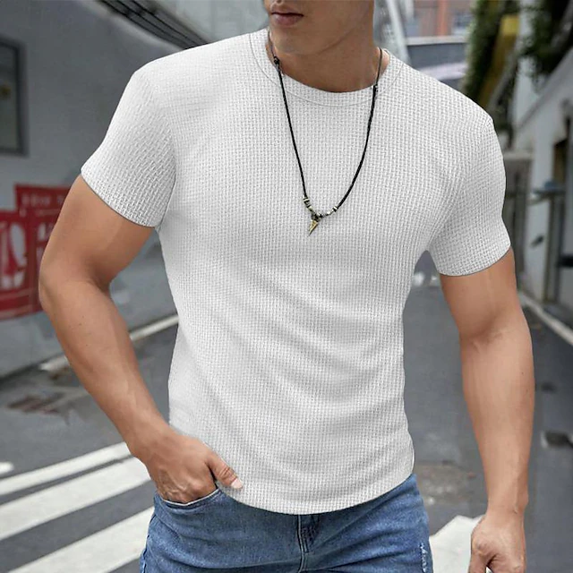 Men's Waffle Shirt T Shirt Tee Top Short Sleeves Crew Neck Summer Solid Color Plain Fashion Designer Basic Vacation Street Going out Army Green Black White Top Tee for Men 9