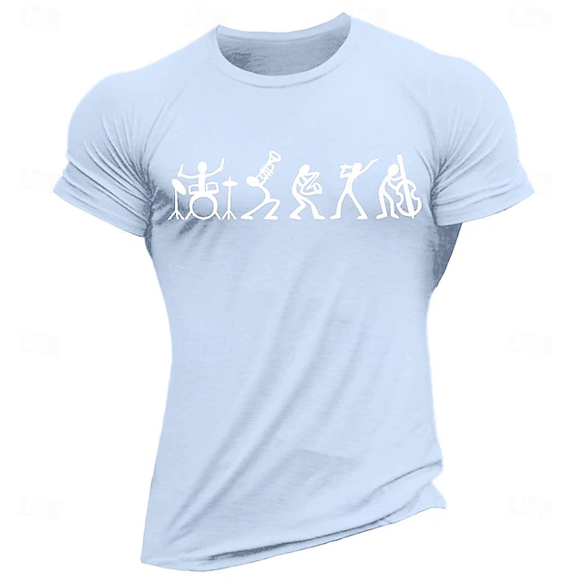 Men's Short Sleeve Graphic T-Shirt, Light Blue Music Band Stick Figure Design Casual Tee 11