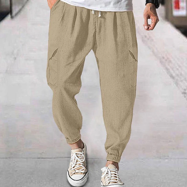 Men's Linen Pants Cargo Joggers Trousers Summer Pants Beach Pants Drawstring Elastic Waist Multi Pocket Plain Comfort Breathable Casual Daily Holiday Fashion Classic Style Black White 7