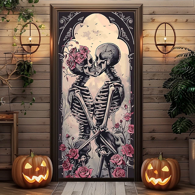 Halloween Door Decorations Skull Couple Door Covers Door Tapestry Door Curtain Decoration Backdrop Door Banner for Front Door Farmhouse Holiday Party Decor Supplies 10