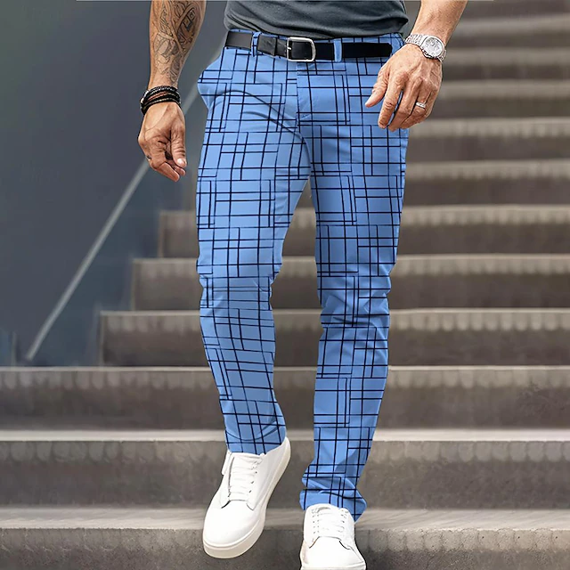 Men's Plaid Dress Pants Mid Waist Formal Casual Pocket 3D Print Buttons Summer Spring Fall & Winter 3D Print Navy Blue Blue 6