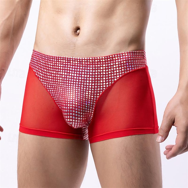  Men's 1 PCS Boxers Underwear Boxer Shorts Patchwork Polyester Breathable Soft Comfortable Plaid Color Block Mid Rise Black White