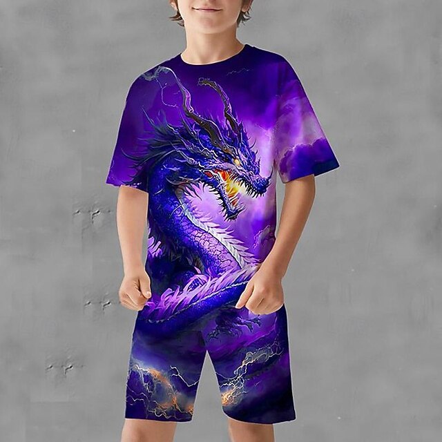 Boys 3D Graphic Dragon T-shirt & Shorts Short Sleeve Summer Sports Fashion Daily Kids 4-12 Years Outdoor Vacation Tailored Fit3