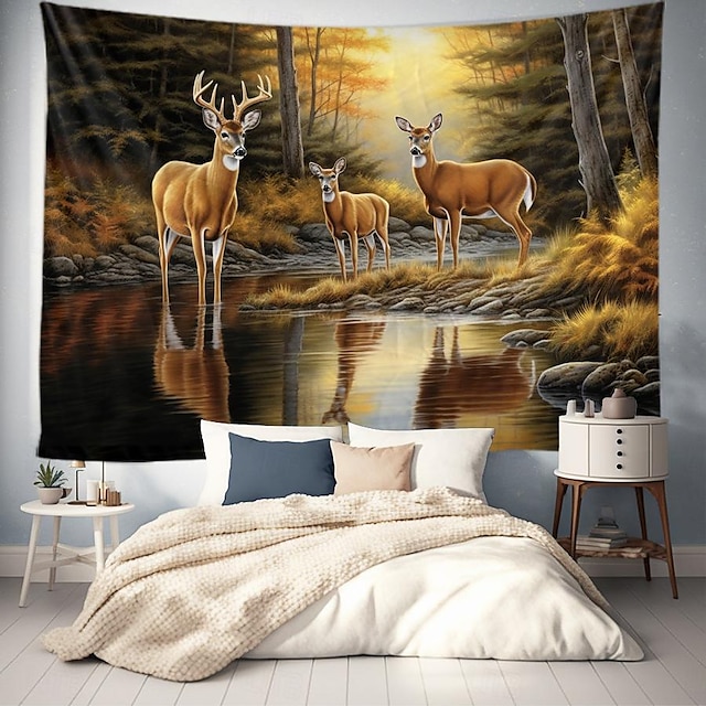  Tapiz colgante de bosque de ciervos de otoño, arte de pared, tapiz grande, decoración mural, fotografía, telón de fondo, manta, cortina, hogar, dormitorio, sala de estar