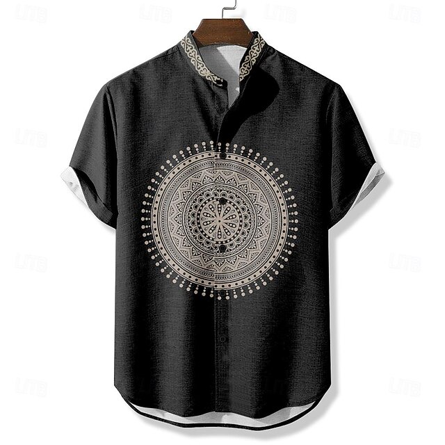 Men's Ethnic Shirt Button Up Shirt Short Sleeve Casual Tribal Vacation Daily Summer Spring Grandad Collar Band Collar Buttons Print Black Blue Khaki 6