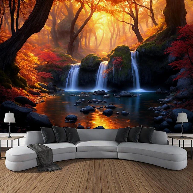 Autumn Forest Cascade Hanging Tapestry Wall Art Large Tapestry Mural Decor Photograph Backdrop Blanket Curtain Home Bedroom Living Room Decoration 9