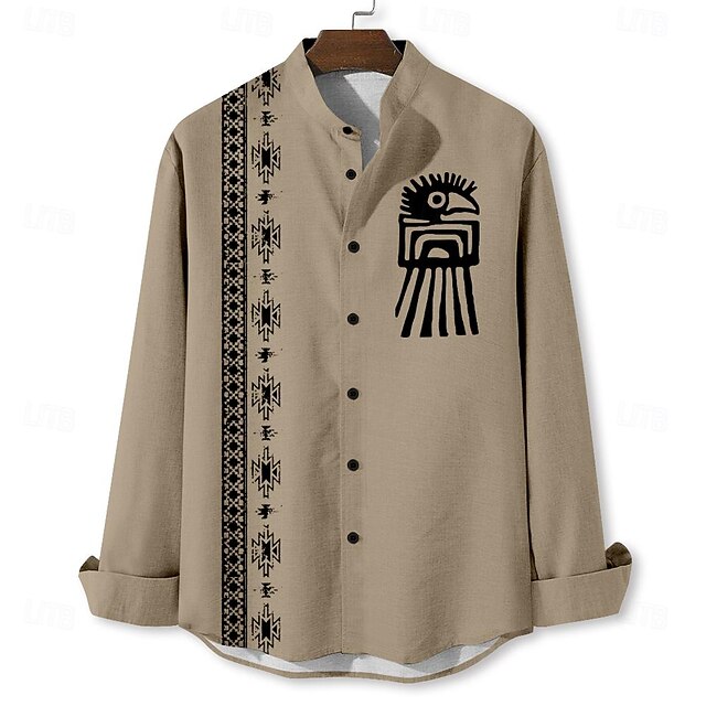 Men's Ethnic Shirt Button Up Shirt Long Sleeve Vintage Casual Tribal Vacation Daily Summer Spring & Fall Standing Collar Button Up 3D Print Blue Green Khaki Gray 7