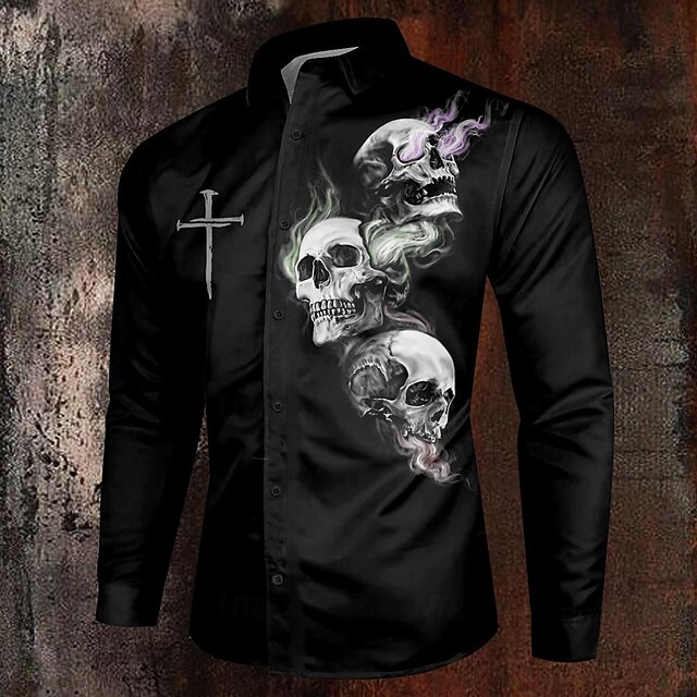 Halloween Men's Skull Christian Halloween Costumes Shirt Button Up Shirt Long Sleeve Casual Dark Party Evening Wear Daily Fall Winter Spring & Summer Turndown Shirt Collar Button Up 3D Print Black4
