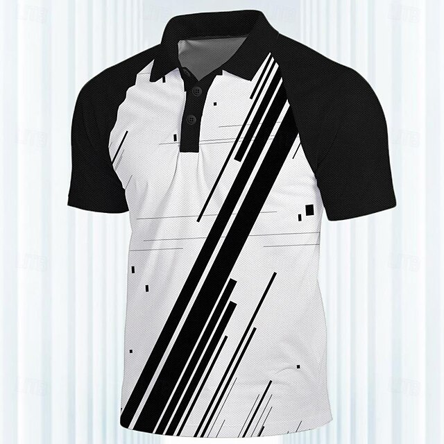 Men's Striped Sports Polo Shirts Golf Shirt Short Sleeve Polo Shirts Collared Shirts Casual Sportswear Vacation Wear 3D Print Buttons Spring & Summer Black4