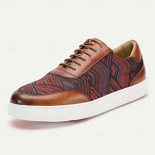  braune Leder-Sneaker für Herren mit rot-blauem Webmuster – stylische und bequeme Schnürschuhe für den Alltag