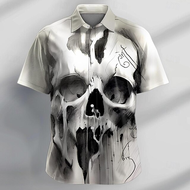 Men's Skull Halloween Costumes Shirt Short Sleeve Casual Dark Party Daily Holiday Summer Turndown Buttons Print Gray4