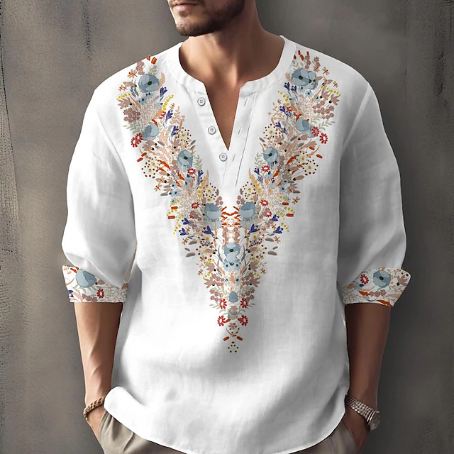 Men's Ethnic Shirt Button Up Shirt Henley Shirt Long Sleeve Casual Tribal Vacation Daily Summer Spring Fall Collarless V Neck Print Black White Blue Orange 7