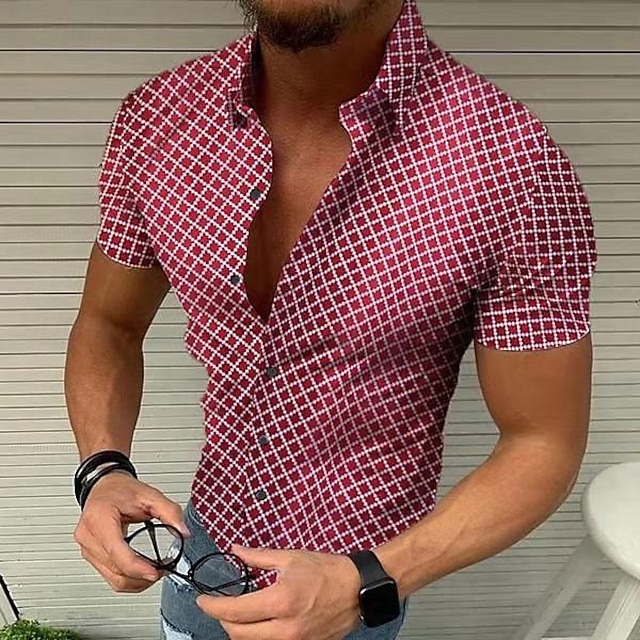  Men's Geometric Pattern Lattice Shirt Short Sleeve Designer Beach Casual Summer Turndown Print Black White Red Blue Green