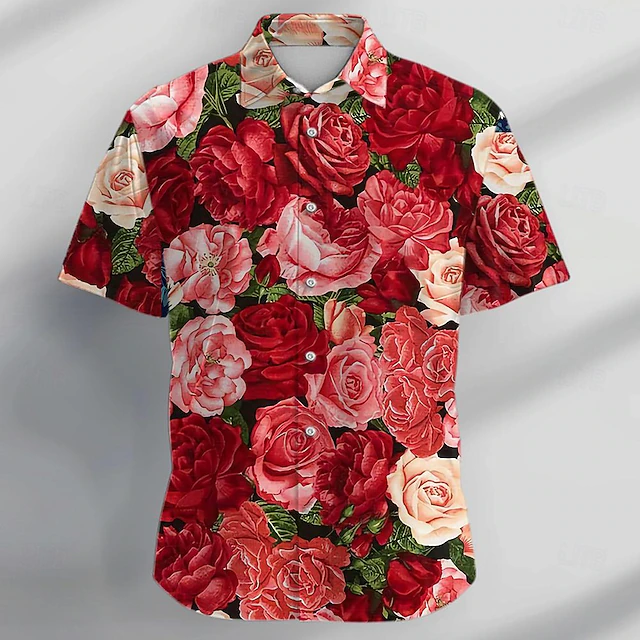 Men's Rose Floral Tropical Flowers Shirt Summer Hawaiian Shirt Button Up Shirt Short Sleeve Shirt Turndown Casual Vacation Party Evening Wear Daily Rose Red S M L4
