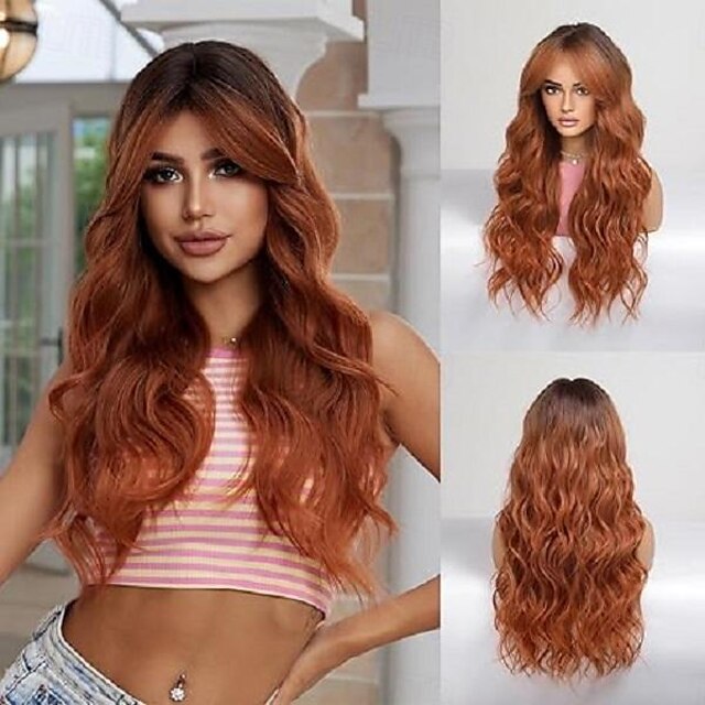  perruque ondulée avec frange pour femme perruque à reflets de 26 pouces perruque synthétique en fibre de qualité supérieure résistante à la chaleur d'aspect naturel perruques de fête de cosplay de