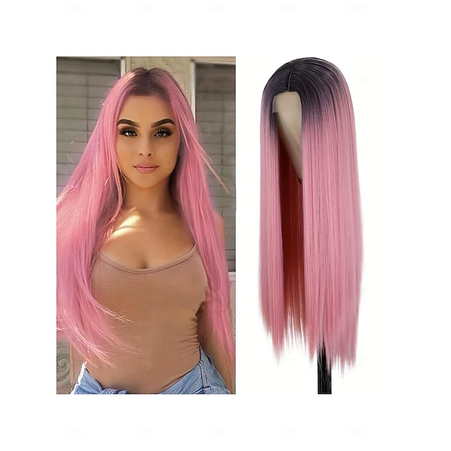 Pink Middle Part Synthetic Lace Wig Straight Style 26 inch Pink Middle Part U Part Wig ...