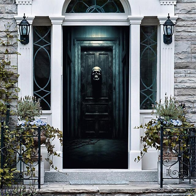 Halloween Door Decorations Skull Halloween Door Covers Door Tapestry Door Curtain Decoration Backdrop Door Banner for Front Door Farmhouse Holiday Party Decor Supplies Skeleton 11